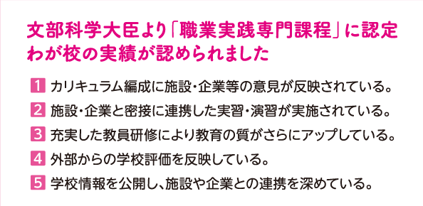文部科学大臣より「職業実践専門課程」に認定わが校の実績が認められました。1カリキュラム編成に施設・企業等の意見が反映されている。2施設・企業と密接に連携した実習・演習が実施されている。3充実した教員研修により教育の質がさらにアップしている。4外部からの学校評価を反映している。5学校情報を公開し、施設や企業との連携を深めている。